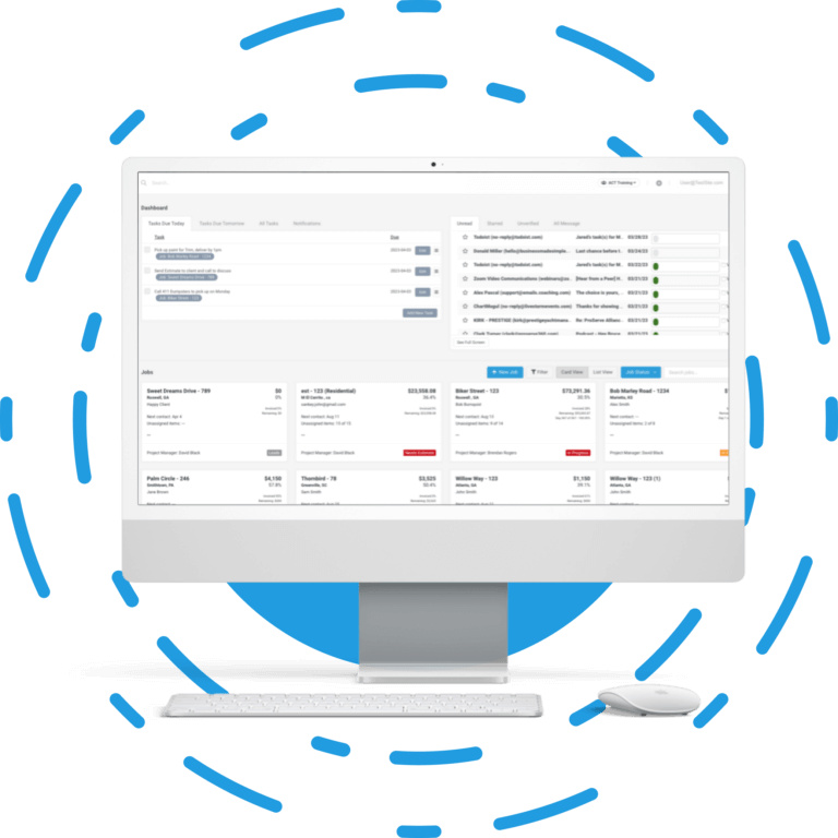 An overview of ProStruct360's main dashboard with job cards, email integration, and tasks