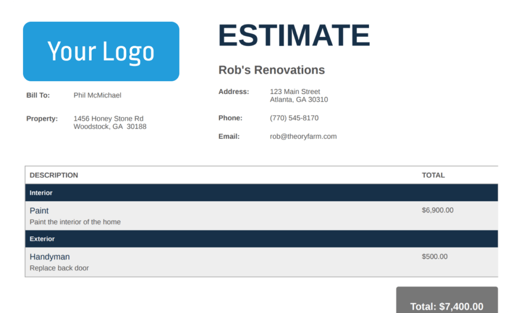Estimate from ProServe360 with area to upload your custom logo