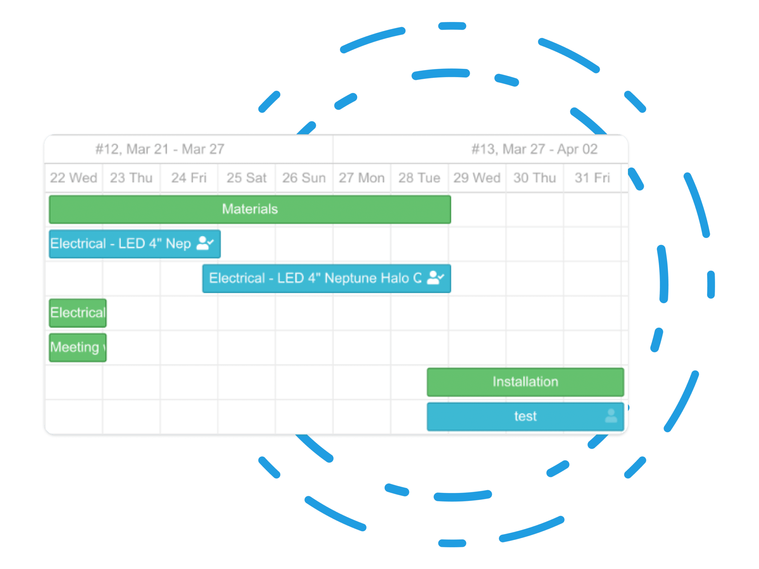 A picture of the gantt chart feature from ProStruct360 in front of a blue circular background